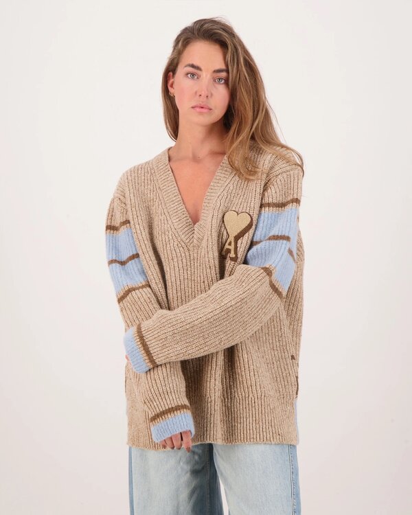 V-Neck College Sweater Camel