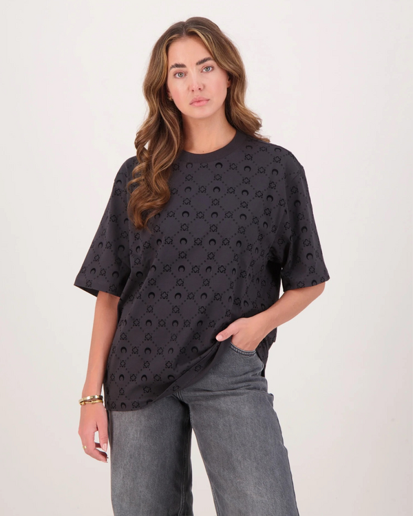 Moonogram Flocked Jersey Relaxed T-Shirt Zwart