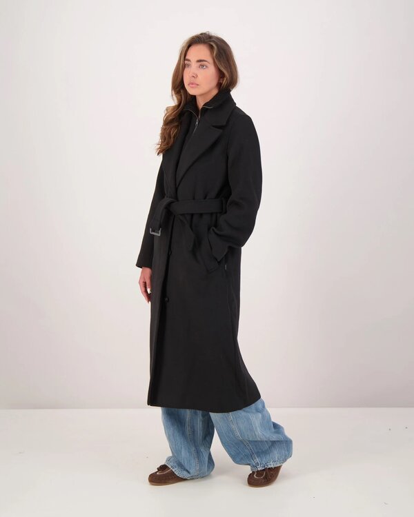 Twill Wool Lange Jacke Schwarz