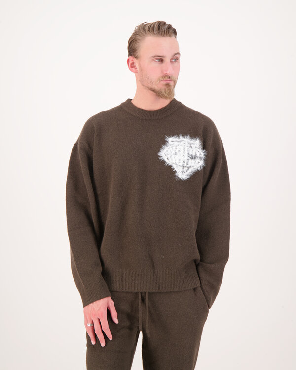 Monogramm-Emblem Flauschiger Strickpullover Braun