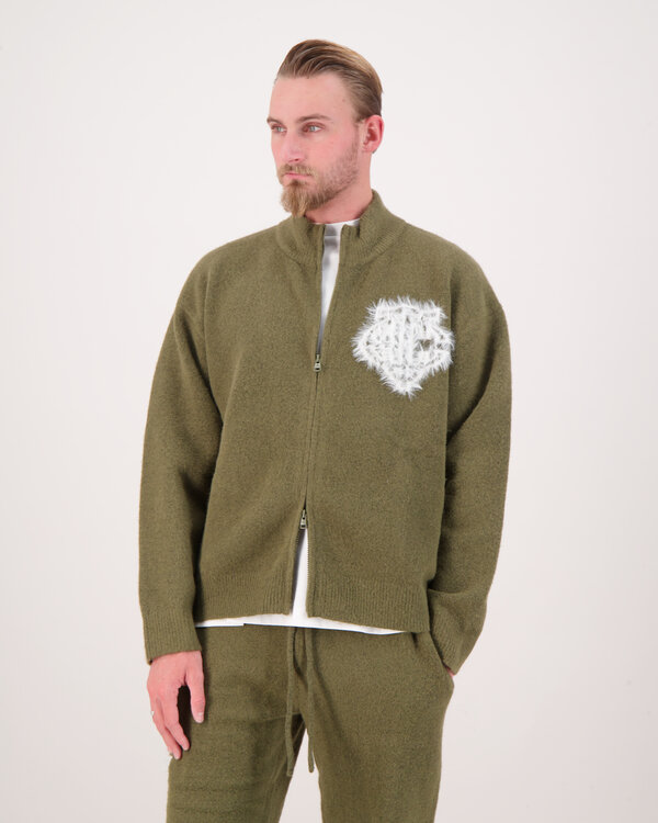 Monogram Emblem Fluffy Knit Zip Khaki