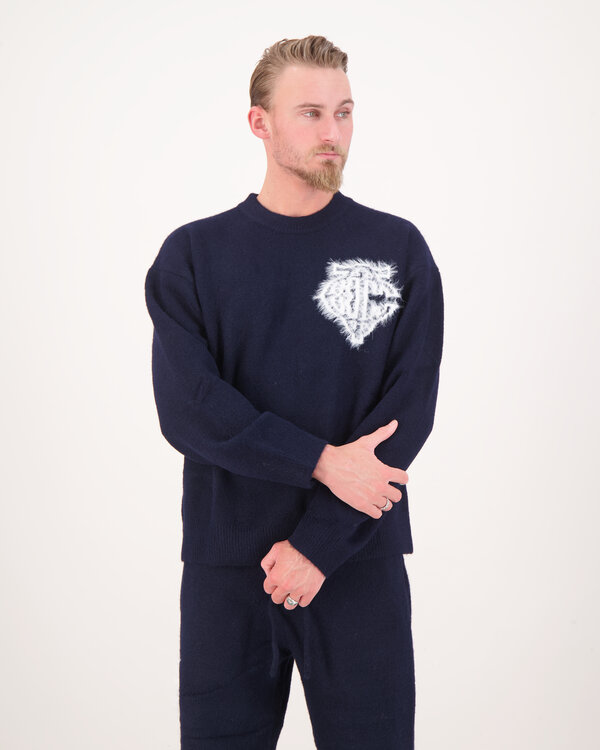 Monogramm-Emblem Flauschiger Strickpullover Marine