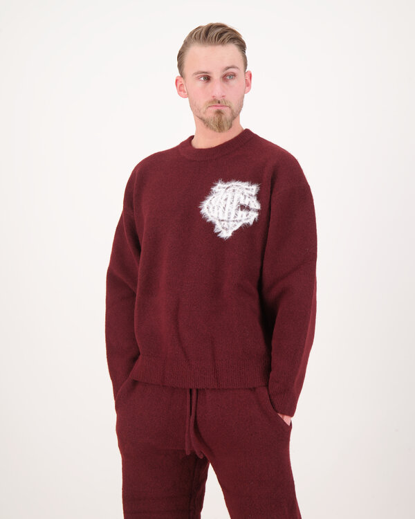 Monogramm-Emblem Flauschiger Strickpullover Bordeaux