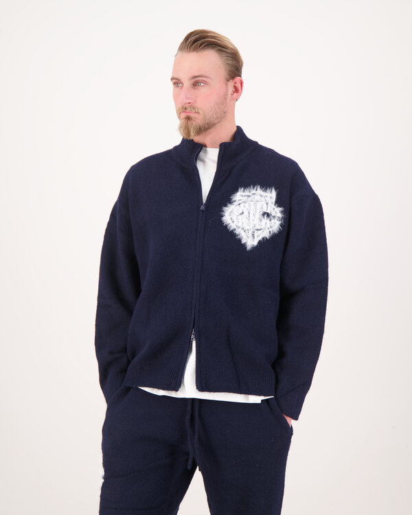Monogram Emblem Fluffy Knit Zip Navy