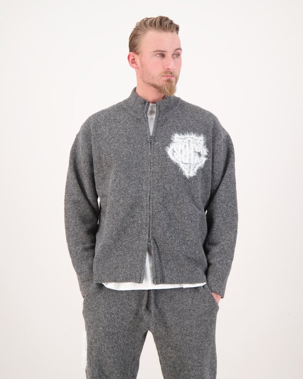 Monogram Emblem Fluffy Knit Zip Charcoal