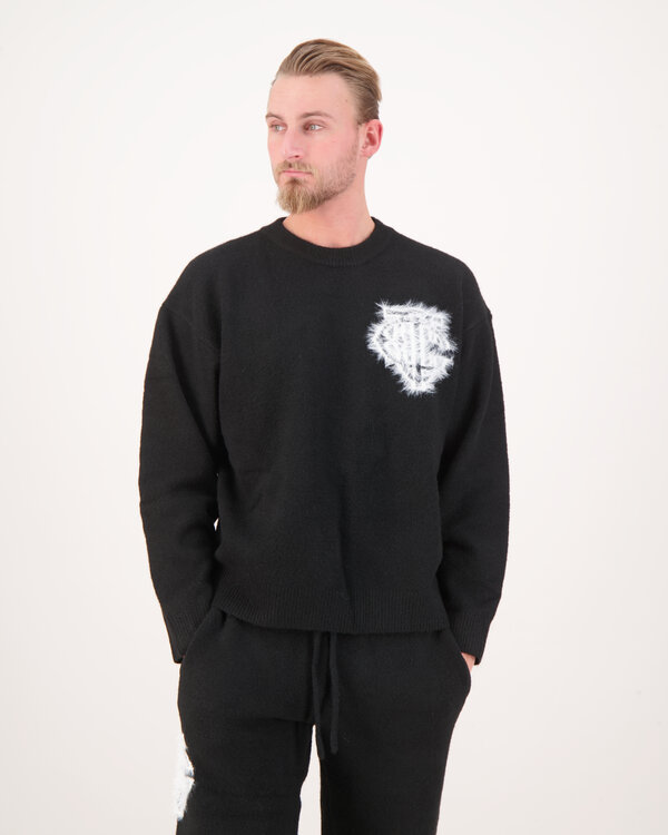 Monogramm-Emblem Flauschiger Strickpullover Schwarz