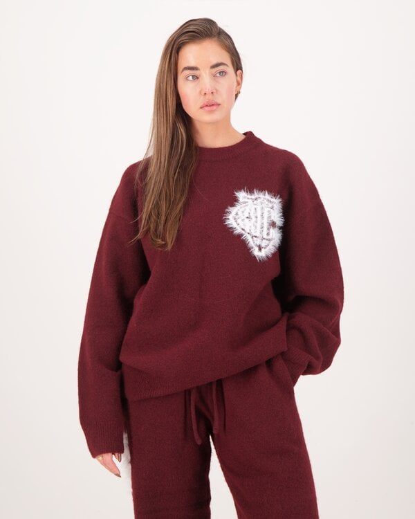 Monogramm-Emblem Flauschiger Strickpullover Bordeaux