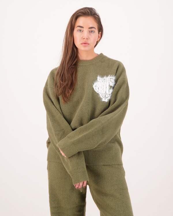 Monogram Emblem Fluffy Knit Crewneck Khaki