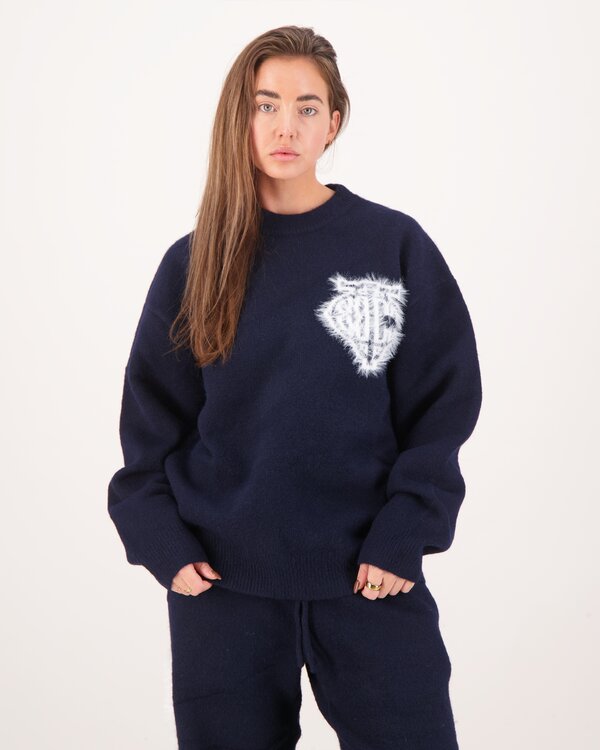 Monogramm-Emblem Flauschiger Strickpullover Marine