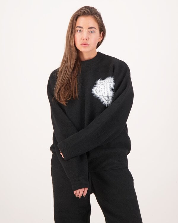 Monogramm-Emblem Flauschiger Strickpullover Schwarz