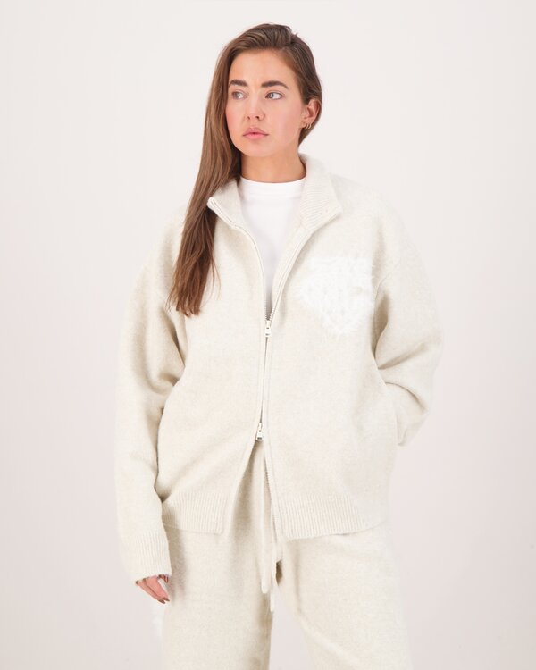 Monogram Emblem Fluffy Knit Zip Beige
