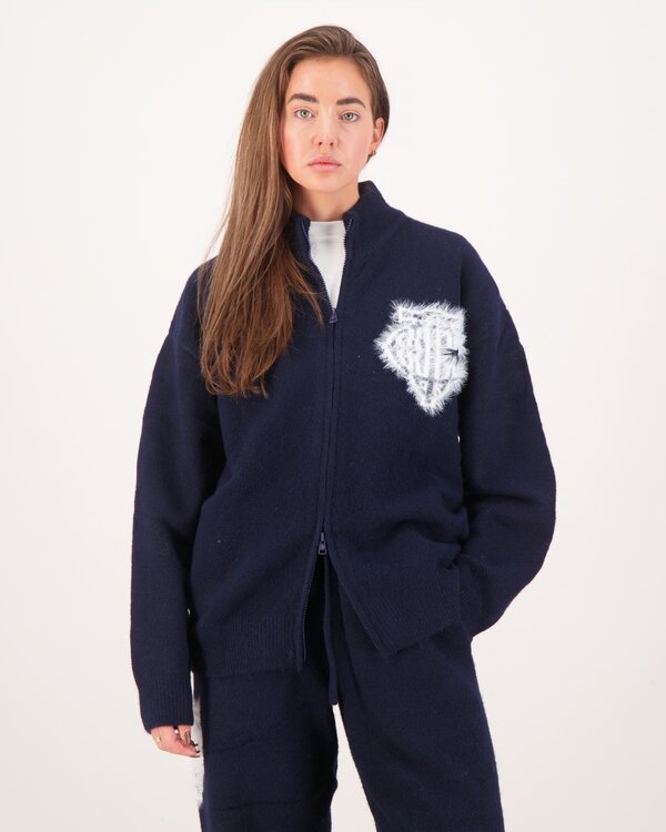Monogram Emblem Fluffy Knit Zip Navy - Copy