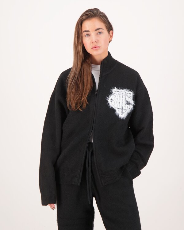 Monogram Emblem Fluffy Knit Zip Black