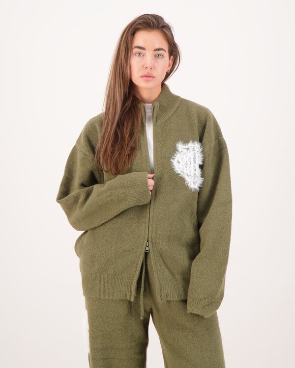 Monogram Emblem Fluffy Knit Zip Khaki