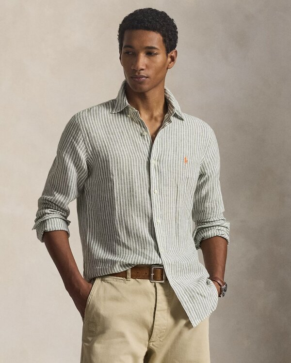 Custom Fit Striped Linen Shirt Green