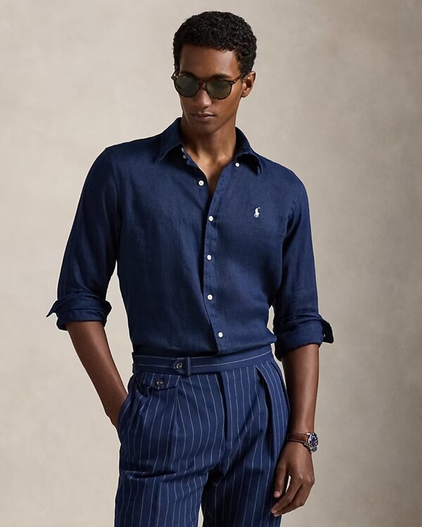 Custom Fit Linen Shirt Blue Navy