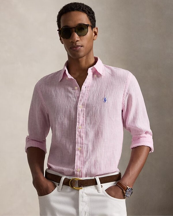 Custom Fit Gestreiftes Leinenhemd Rosa