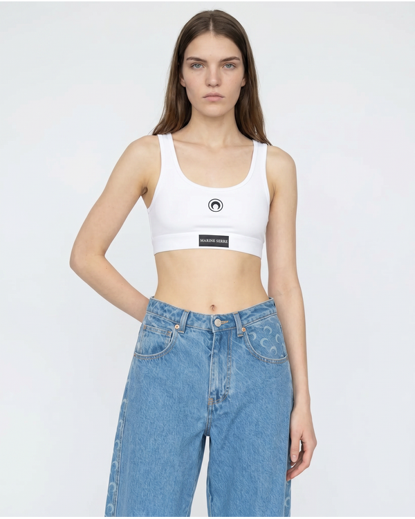 Moon Printed Stretched Jersey Sport Bra White