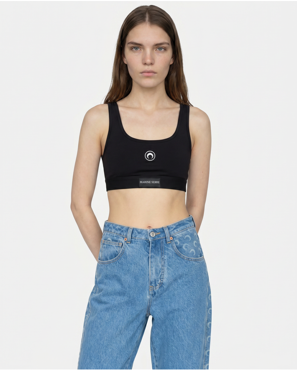 Moon Printed Stretched Jersey Sport Bra Schwarz