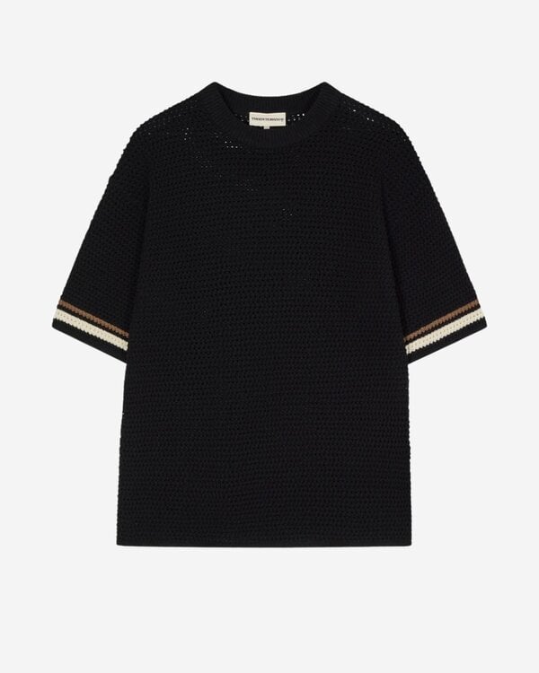 Crochet Knitted Stripe T-Shirt Zwart