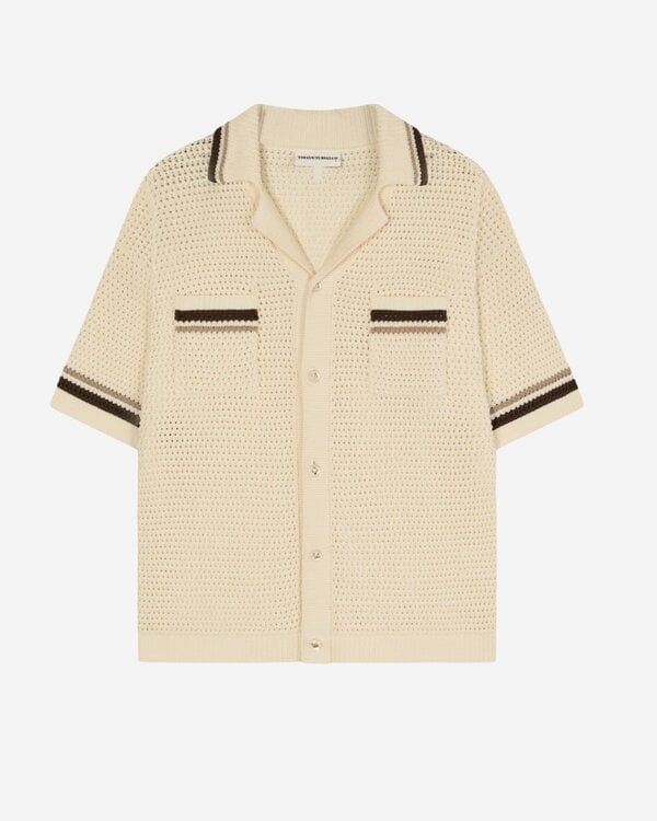 Crochet Knitted Stripe Button Shirt Offwhite