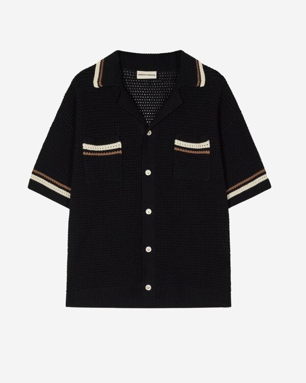 Crochet Knitted Stripe Button Shirt Zwart