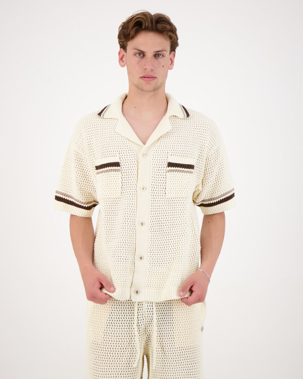 Crochet Knitted Stripe Button Shirt Offwhite