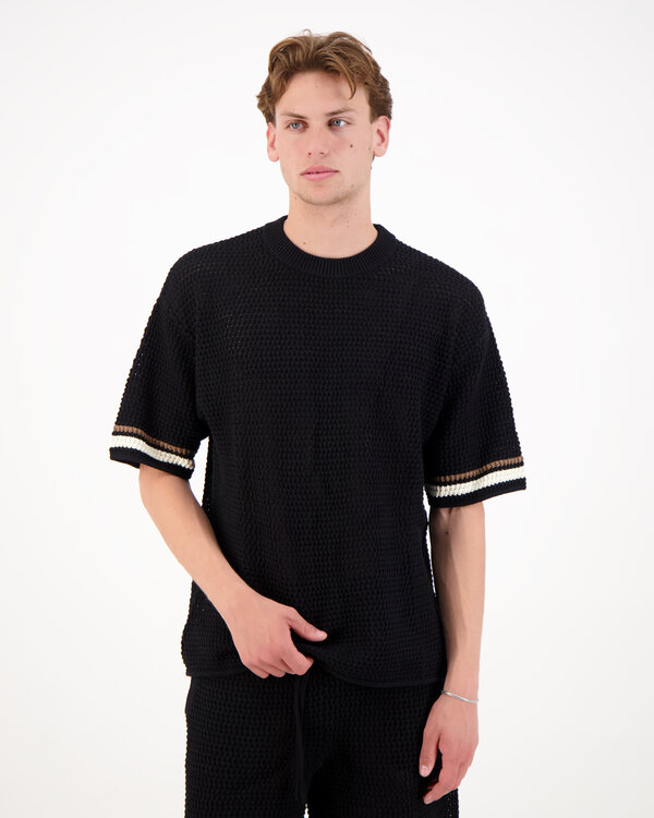 Crochet Knitted Stripe T-Shirt Zwart