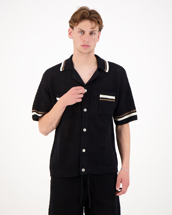 Crochet Knitted Stripe Button Shirt Zwart
