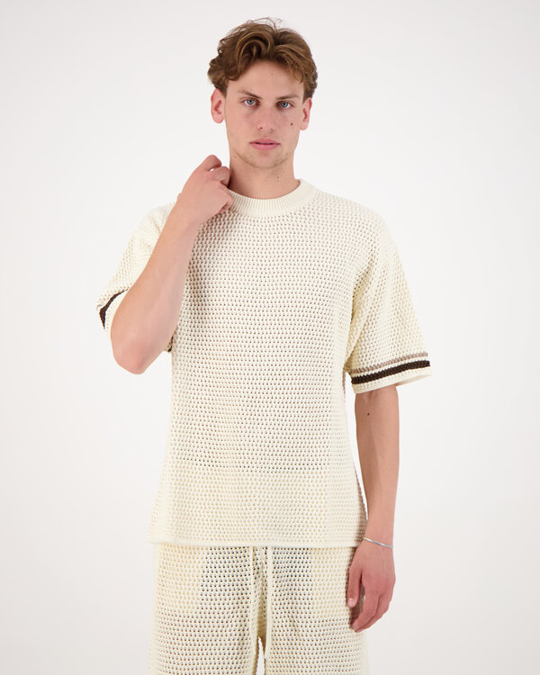 Crochet Knitted Stripe T-Shirt Offwhite