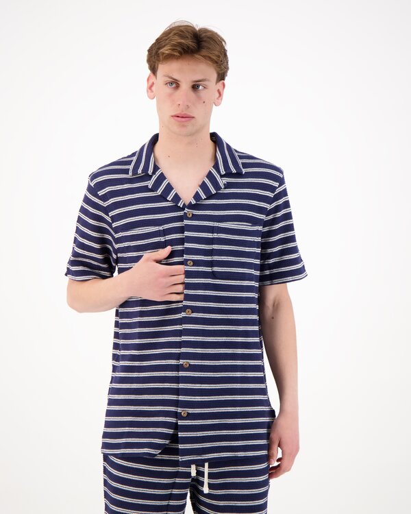 Striped Pointelle Ribbed Camp Shirt Marine