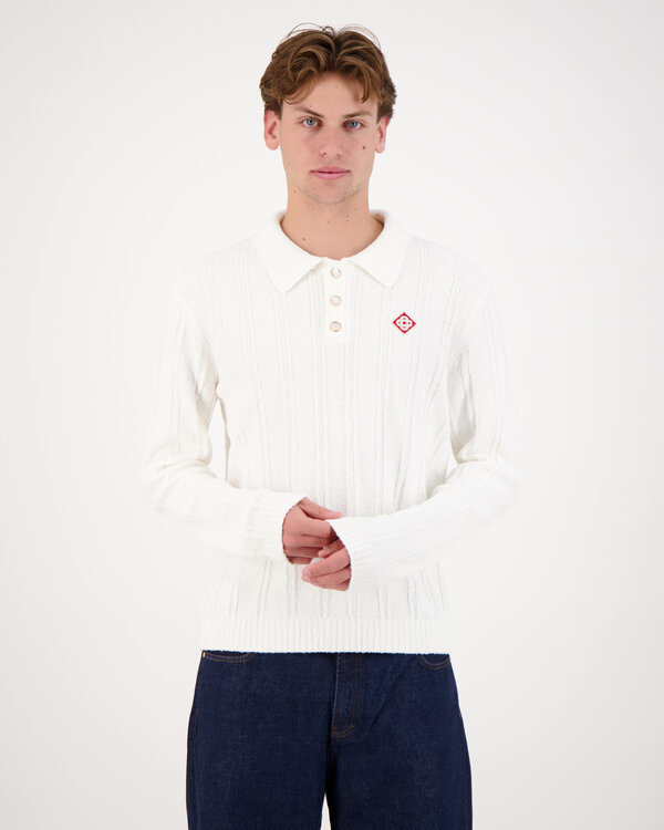 Boucle Long Sleeve Polo White