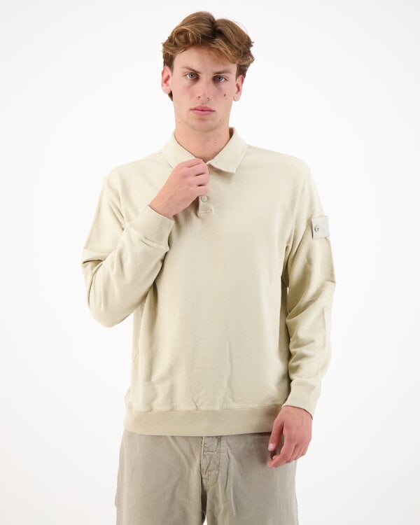 6100026 Stretch Fleece Organic Cotton Long Sleeve Polo Beige