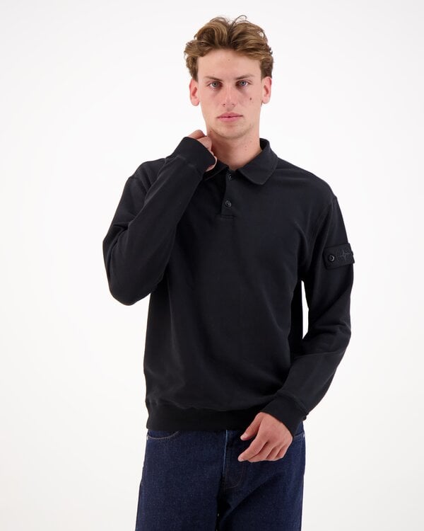 6100026 Stretch Fleece Organic Cotton Long Sleeve Polo Black