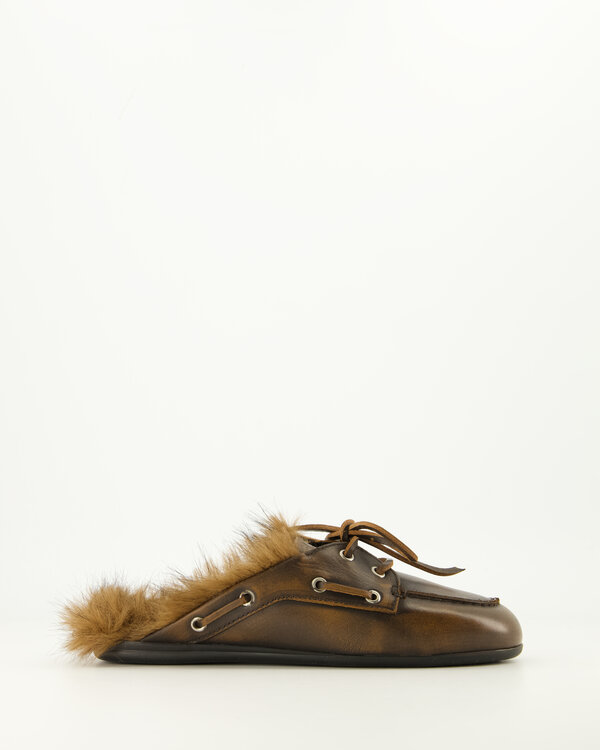 Boat Loafer Mule Hairy Fur Brown