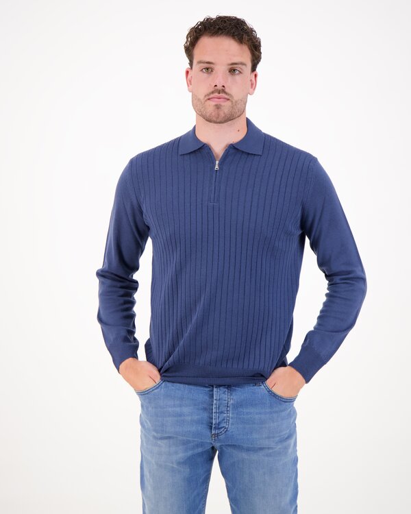 Ribbed Zipper Polo Blauw