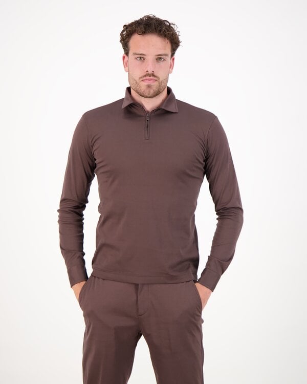 Supima Polo Zip Collar L/S Brown
