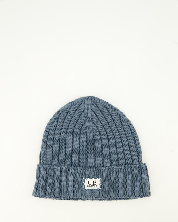 C.P. Company Extrafine Merino Wool Logo Beanie Blauw Extrafine Merino Wool Logo Beanie Blauw