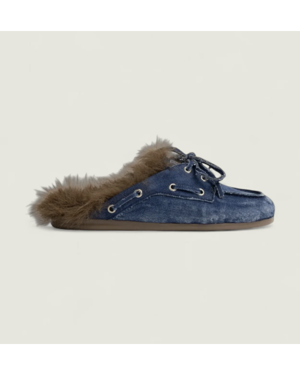 Boat Loafer Mule Hairy Fur Denim