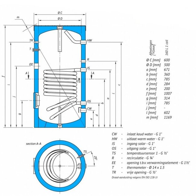 Tesy Buffertank 160 liter,  B label, met enkele warmtewisselaar