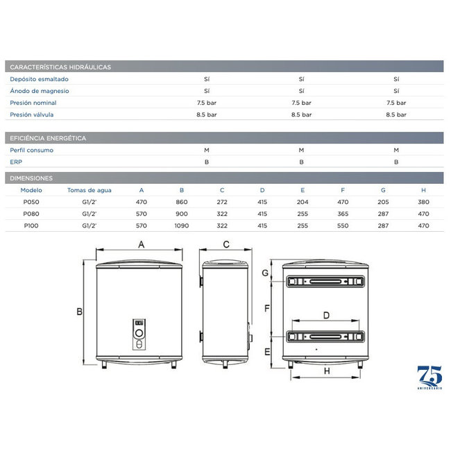 DAT Aparici Verticale elektrische antikalk boiler 100L, FLAT model, 2 kW