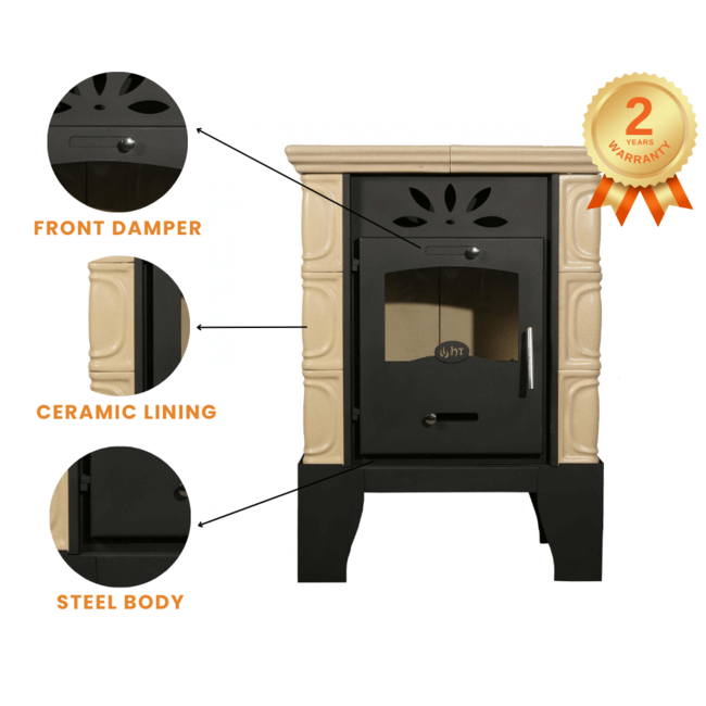 Horvat Thetford Houtkachel HT9-3 Beige, 9 kW met accumulatietegels