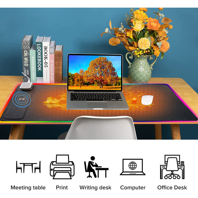 Quality heating Verwarmde bureau onderlegger met draadloos oplaad functie en led 80 x 40