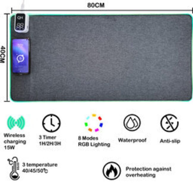 Quality heating Verwarmde bureau onderlegger met draadloos oplaad functie en led 80 x 40