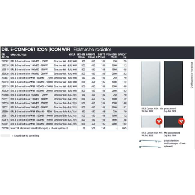 DRL products E-Comfort ICON,  wit, 750/1000/1500 watt, optie wifi