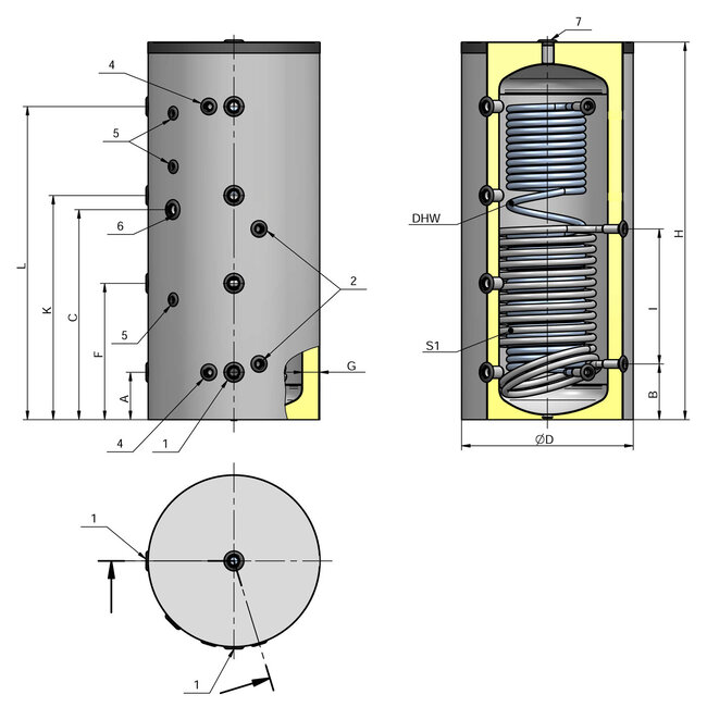 Eldom 300 liter combi hygiene buffertank met 1 RVS en 1 reguliere warmtewisselaar