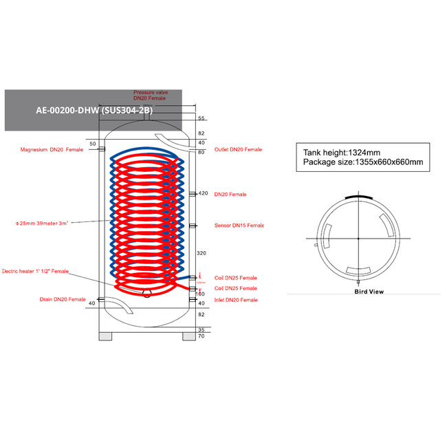 Alps Exclusive AE-00200-DHW - 200L RVS Tapwaterboiler met één warmtewisselaar (indirect gestookt)