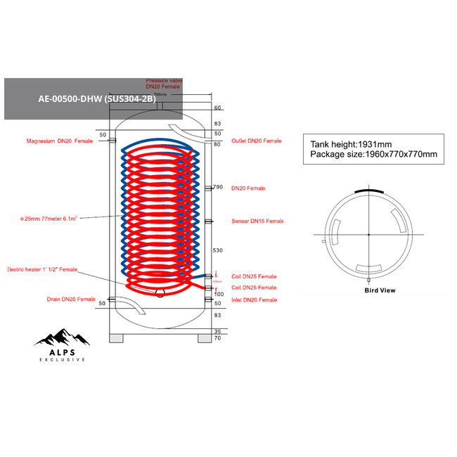 Alps Exclusive AE-00500-DHW - 500L RVS Tapwaterboiler met één warmtewisselaar (indirect gestookt)