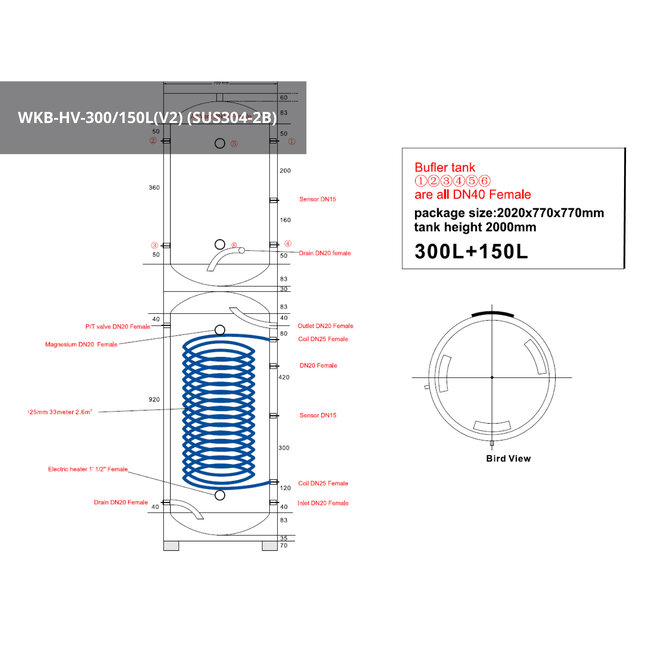 Alps Exclusive WKB-HV-300/150L(V2) - RVS combinatieboiler 300/150L