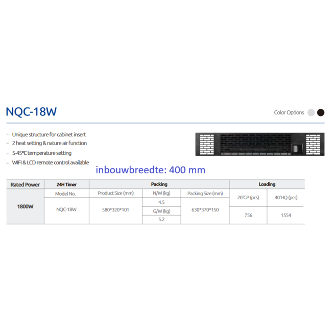 Quality heating Elektrische plintverwarming 1800W met Wifi en afstandsbediening (VERWACHT MEDIO MEI)